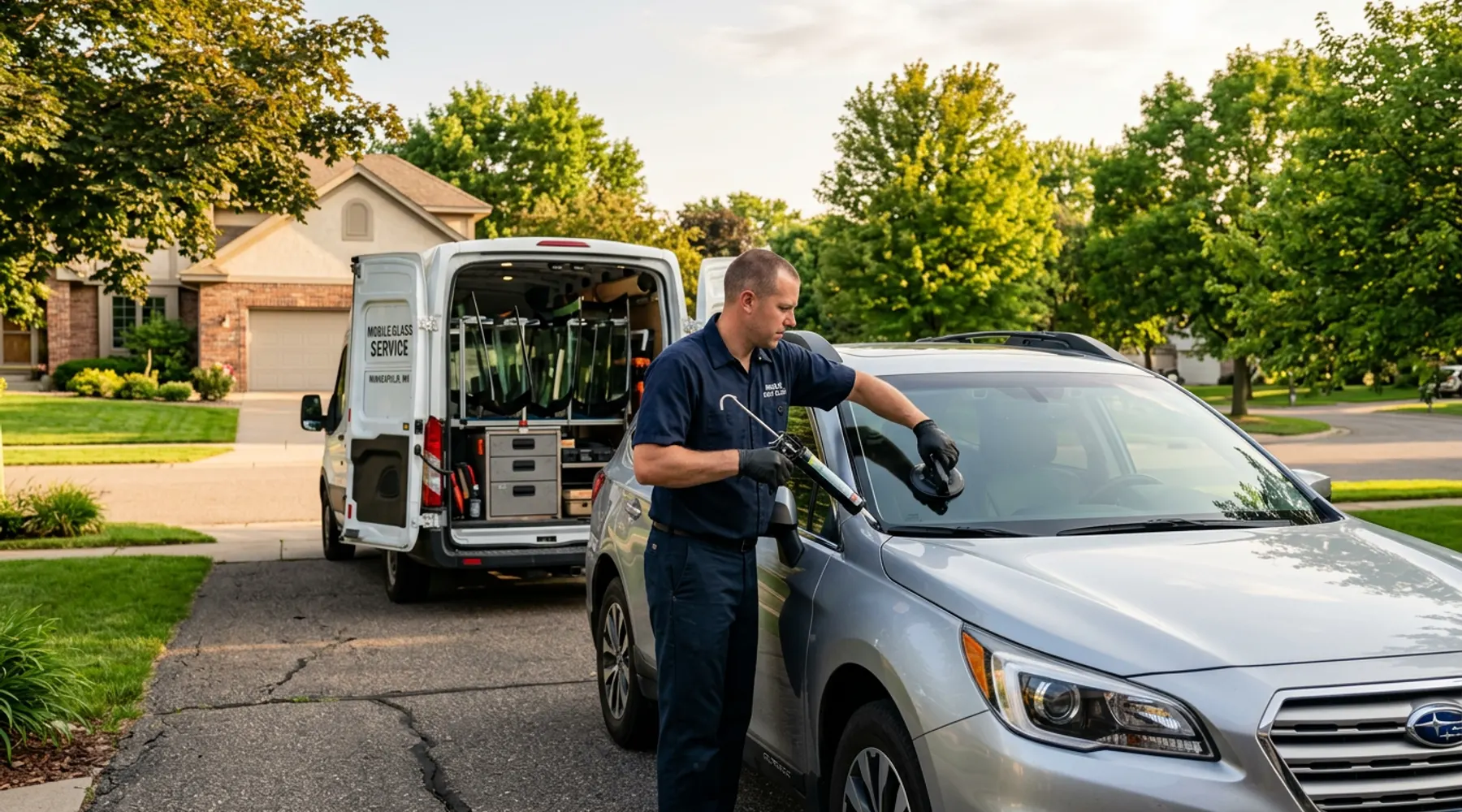 MedX technician replacing a windshield in a Minneapolis driveway